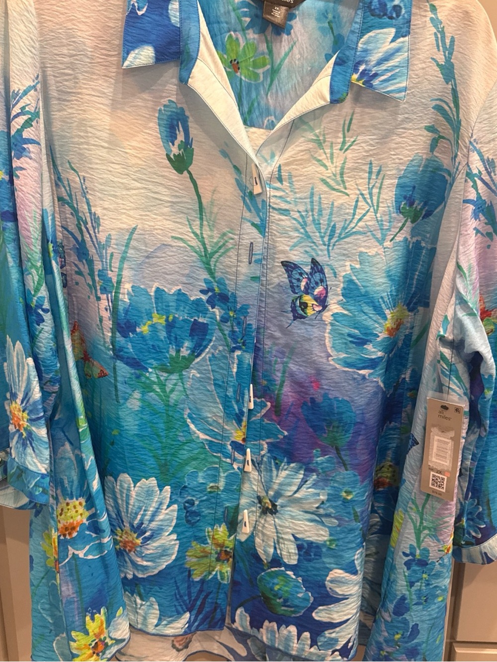 NWT Ali Miles Shirt Top Women 2X Triangle Button Garden Butterfly Print Blue